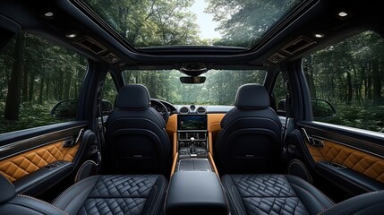 Luxurious car interior with a panoramic sunroof, showcasing elegant design and comfort.