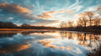 Obraz premium Sunset over a serene lake reflecting clouds. Tranquil landscape, golden hour.