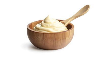Wooden bowl with mayonnaise and a wooden spoon, isolated on a white background.