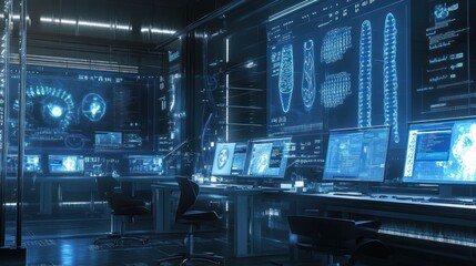 Obraz premium Futuristic Cybernetic Laboratory Workstation Displays Data