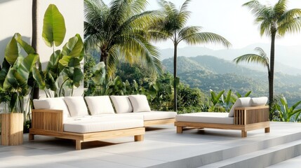 Fototapeta premium Outdoor lounge area with modern furniture amidst lush greenery and mountains.