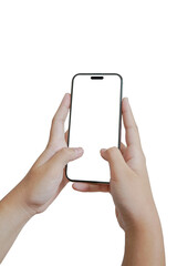 A person is holding a cell phone with a white background
