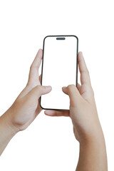 A person holding a cell phone with a white background