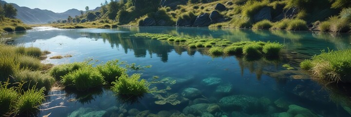 Bunches of algae in a small river with clear blue water, water, small river, aquatic plants