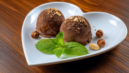 Chocolate ice cream with nuts and mint on a plate in the shape of heart