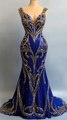 Obraz premium A luxurious evening dress in royal blue, adorned with intricate beading and sequins, catching the light with every movement, designed for high-end events.
