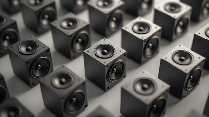Multiple black square speakers with a single round speaker in the front.