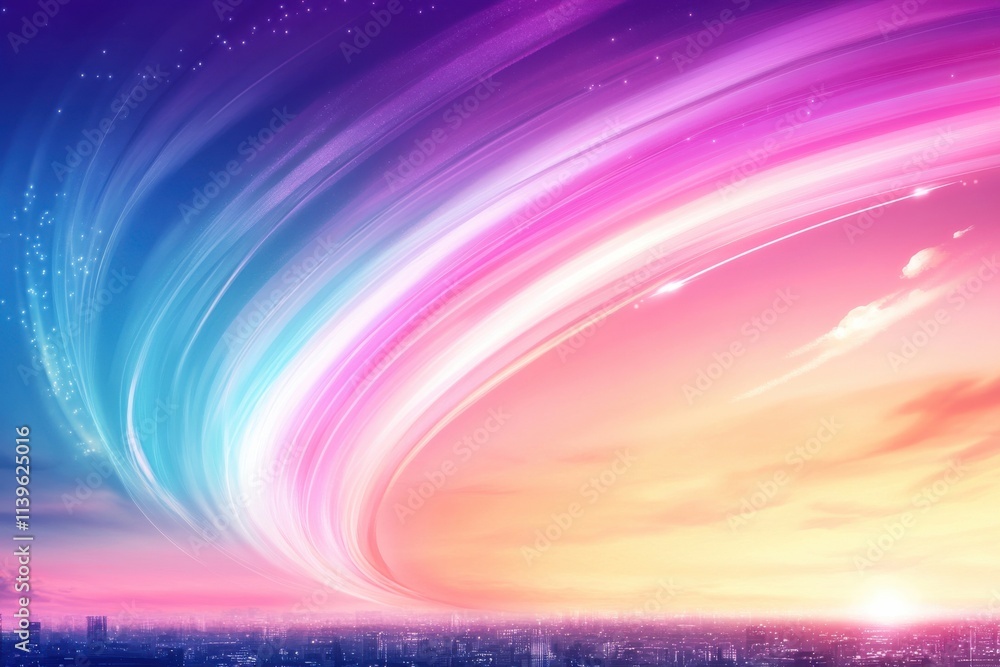 Aufkleber captivating abstract sky with colorful swirls and dynamic light effects over a cityscape at sunset c