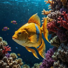 A shiny golden fish carrying a delicate mirror cup inside, gliding through a vibrant, colorful coral reef under the bright sunlight.