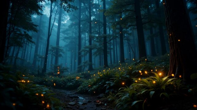 Magical forest with fireflies at dusk, mystical atmosphere under the twilight sky.
