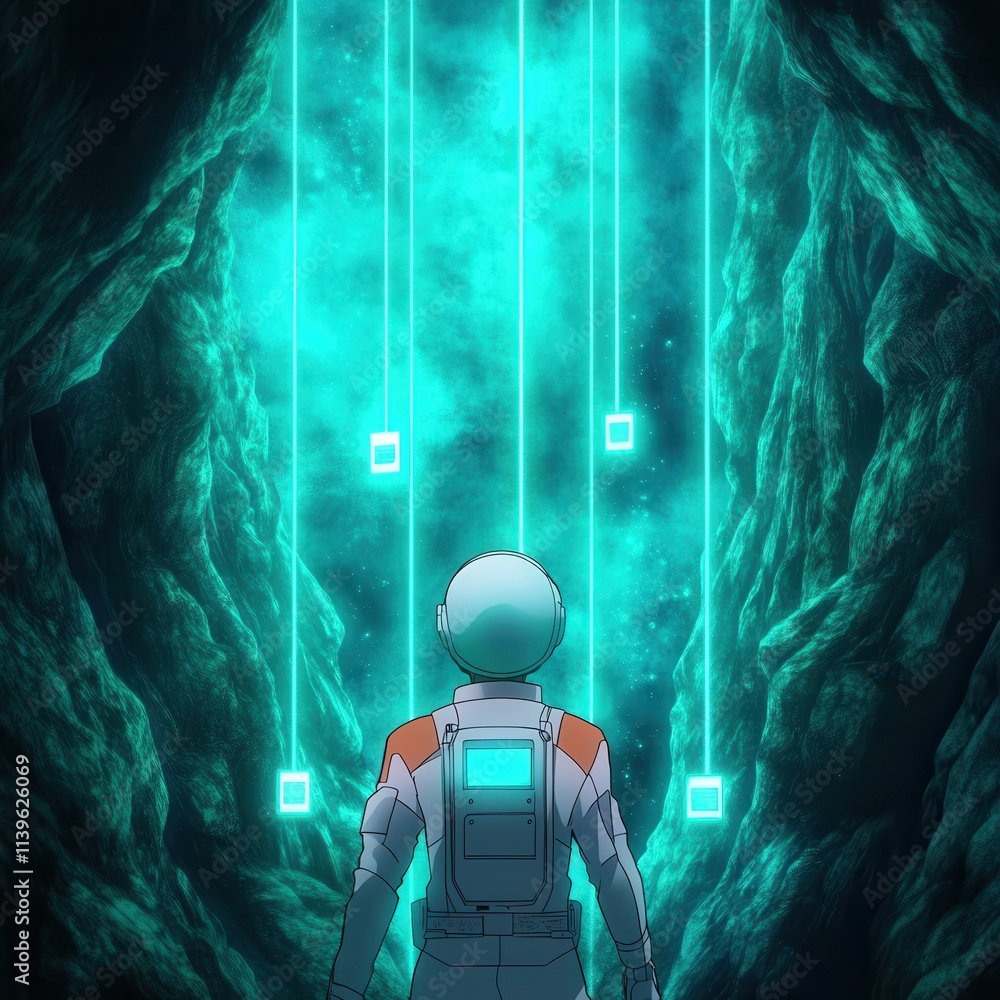 Poster futuristic astronaut exploring a cavernous space with glowing elements and ethereal lighting, surrou