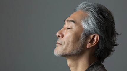 Fototapeta premium Photo of a mature, handsome Japanese man with gray hair, eyes closed in profile view on a gray background, with side lighting.generated ai 
