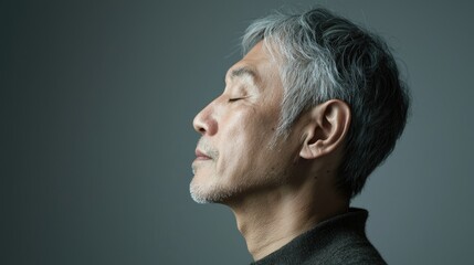 Fototapeta premium Photo of a mature, handsome Japanese man with gray hair, eyes closed in profile view on a gray background, with side lighting.generated ai 