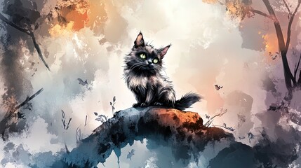 enchanting black cat with glowing green eyes on a pumpkin: perfect poster for halloween home decor or spooky sporting events!