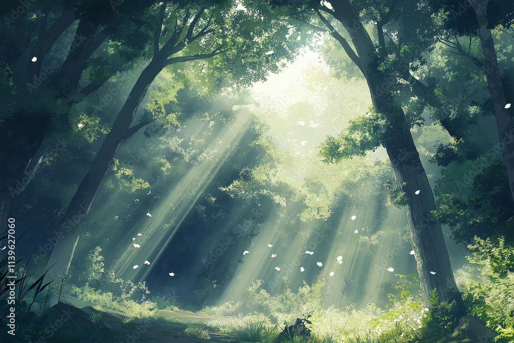 Poster panoramic view of a serene forest with sunlight filtering through tall trees, creating vibrant light