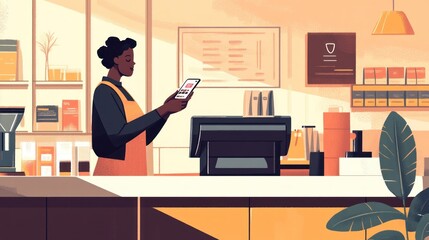 Woman barista using smartphone at coffee shop counter.