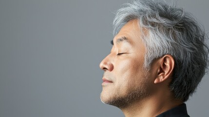 Fototapeta premium Photo of a mature, handsome Japanese man with gray hair, eyes closed in profile view on a gray background, with side lighting.generated ai 