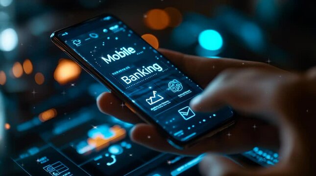 A mobile banking app and intuitive interface professional fintech solution, financial health on technology futuristic background 
