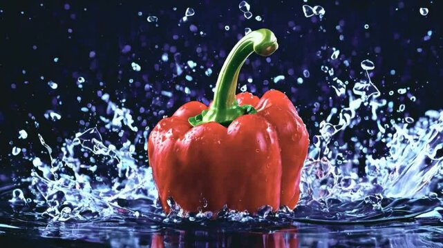 AI-generated slow motion of a red pepper soaked in water, with ripple and bubble effects with b