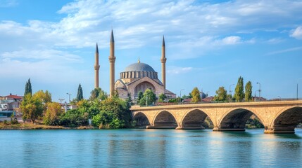 Naklejka premium Scenic view of a mosque by a river with a bridge, showcasing architectural beauty.