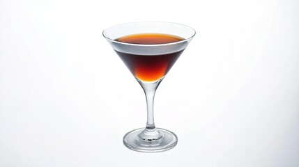 Photo of a dark brown cocktail in a martini glass, on a white background