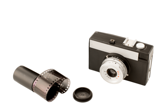 Isolated antique camera and filmstrip on white background, analog photography concept, copy space, PNG transparent 