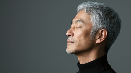 Fototapeta premium Photo of a mature, handsome Japanese man with gray hair, eyes closed in profile view on a gray background, with side lighting.generated ai 
