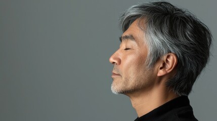Fototapeta premium Photo of a mature, handsome Japanese man with gray hair, eyes closed in profile view on a gray background, with side lighting.generated ai 