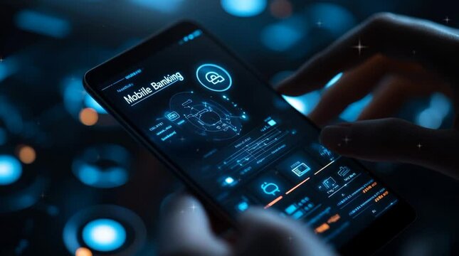 A mobile banking app and intuitive interface professional fintech solution, financial health on technology futuristic background 