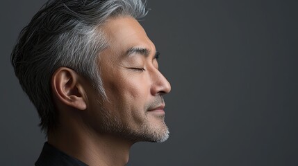 Fototapeta premium Photo of a mature, handsome Japanese man with gray hair, eyes closed in profile view on a gray background, with side lighting.generated ai 