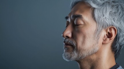 Obraz premium Photo of a mature, handsome Japanese man with gray hair, eyes closed in profile view on a gray background, with side lighting.generated ai 