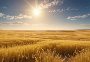 Obraz premium A blanket of bright yellow wheat fields stretching as far as the eye can see under a clear blue sky, sunshine, grain
