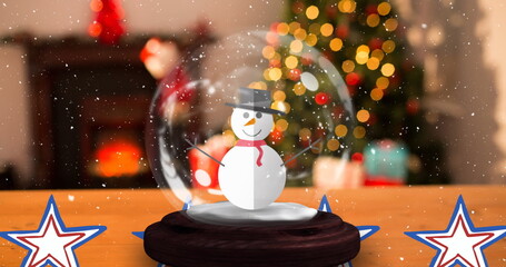 Image of snow globe with snowman and christmas baubles over snow falling and text
