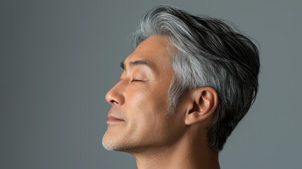 Fototapeta premium Photo of a mature, handsome Japanese man with gray hair, eyes closed in profile view on a gray background, with side lighting.generated ai 