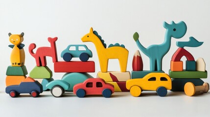 Obraz premium A playful array of colorful wooden toys such as cars, blocks, and animals, set against a white background, ready for imaginative fun.