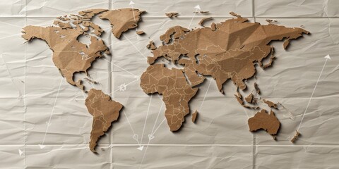 Fototapeta premium A creative representation of the world map cut out from textured brown paper, placed on a crumpled background.