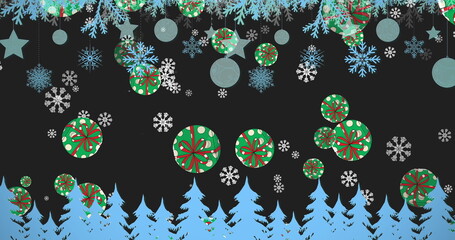 Snowflakes and Christmas trees decorating festive background