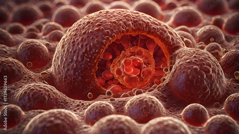 Poster cellular structure: a microscopic view of a cell, with intricate details of its nucleus and surround