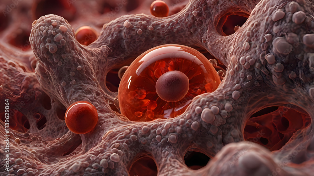 Aufkleber microscopic cell structure: intricate details of a cell's inner workings, showcasing a vibrant red n