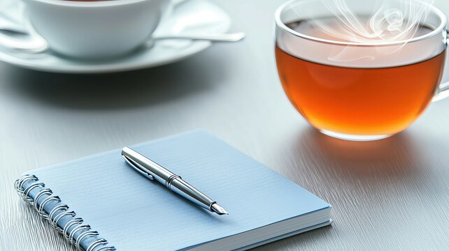 tea and notebook morning tea with notebook tea and notebook workspace concept ,tea and notebook morning, cozy workspace tea, writing with tea moment ,morning inspiration