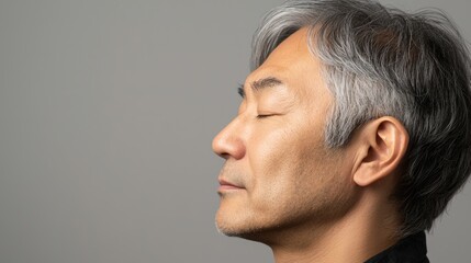 Fototapeta premium Photo of a mature, handsome Japanese man with gray hair, eyes closed in profile view on a gray background, with side lighting.generated ai 