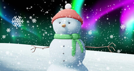 Image of snow falling over snowman and winter landscape at christmas