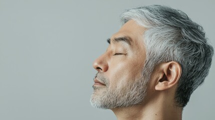 Fototapeta premium Photo of a mature, handsome Japanese man with gray hair, eyes closed in profile view on a gray background, with side lighting.generated ai 