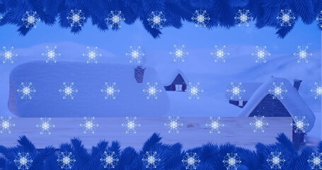 Image of snow falling over christmas winter scenery