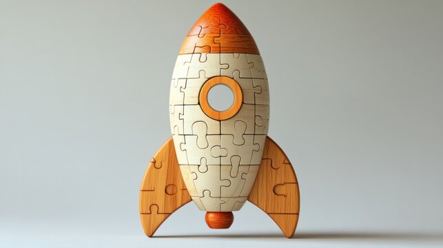 Wooden puzzle rocket toy on light background.