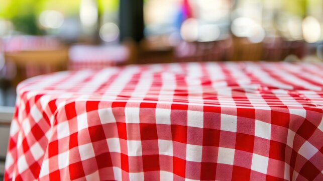 Empty red and white checkered tablecloth on outdoor cafe table.