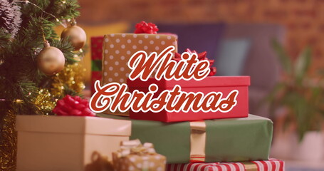 Image of christmas greetings text over christmas presents and decorations © vectorfusionart