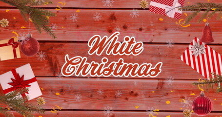 Image of christmas greetings text over christmas presents and decorations © vectorfusionart