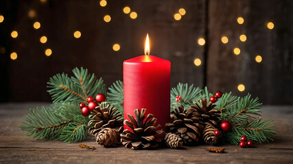 Red Advent candle with natural Xmas decoration