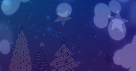 Fototapeta premium Image of spots of light falling over christmas tree and star icons against blue background